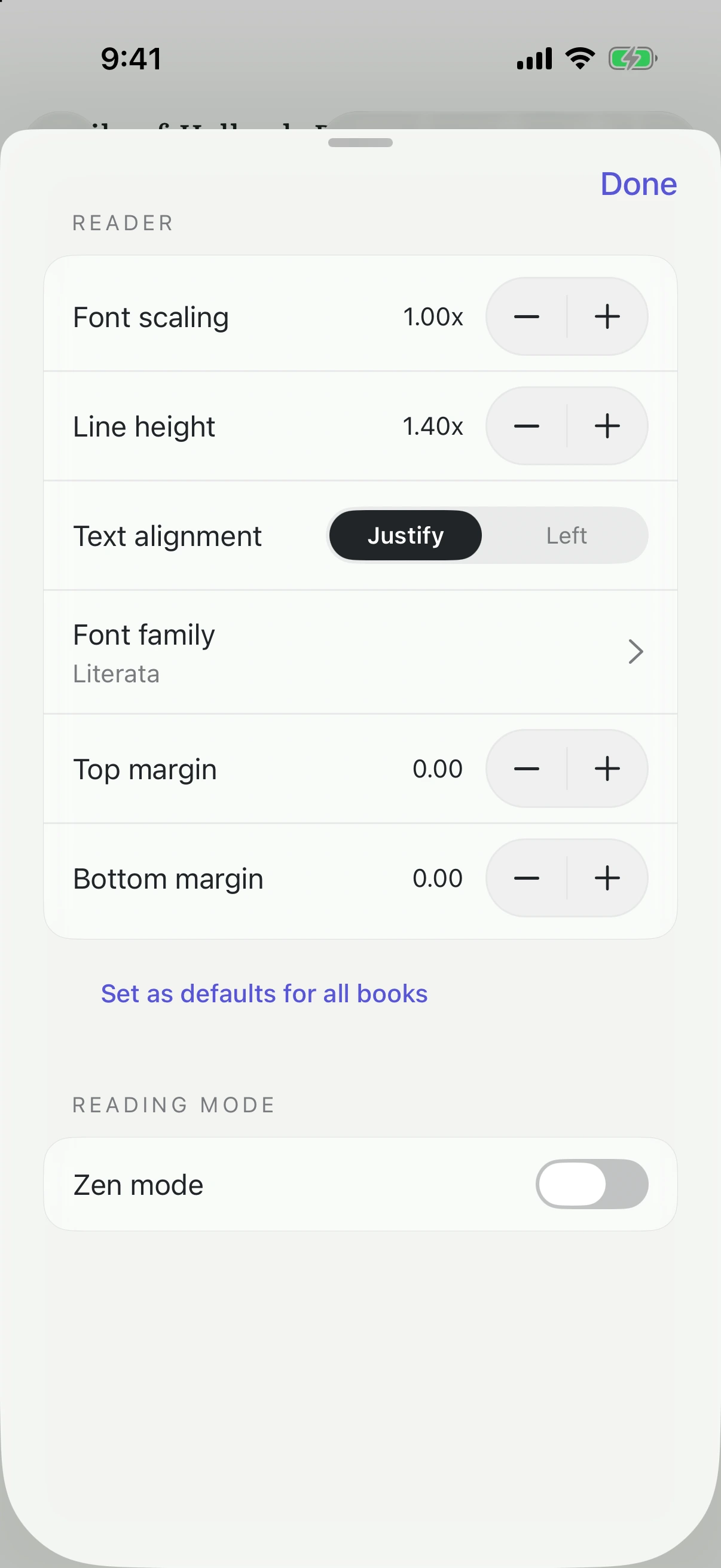 The ebook reader with the typography and theme controls open