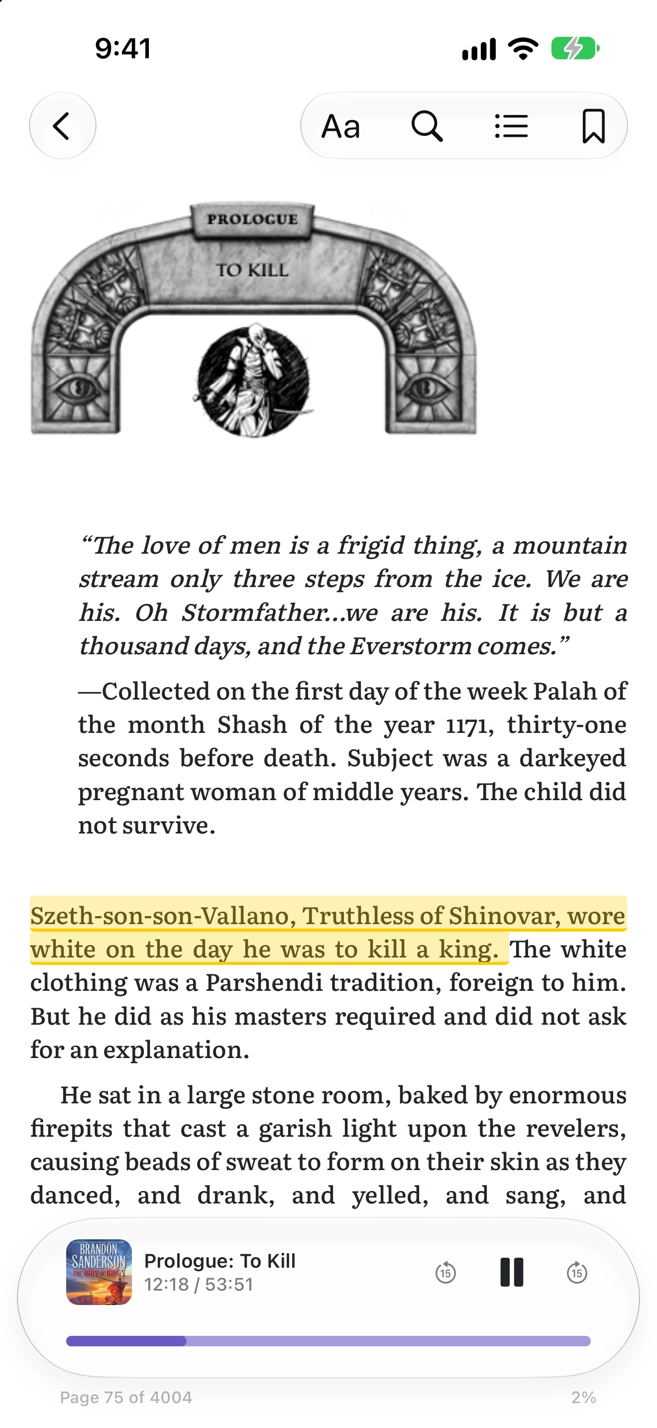 A readaloud playing in Codex Reader: the current sentence is highlighted while narration plays