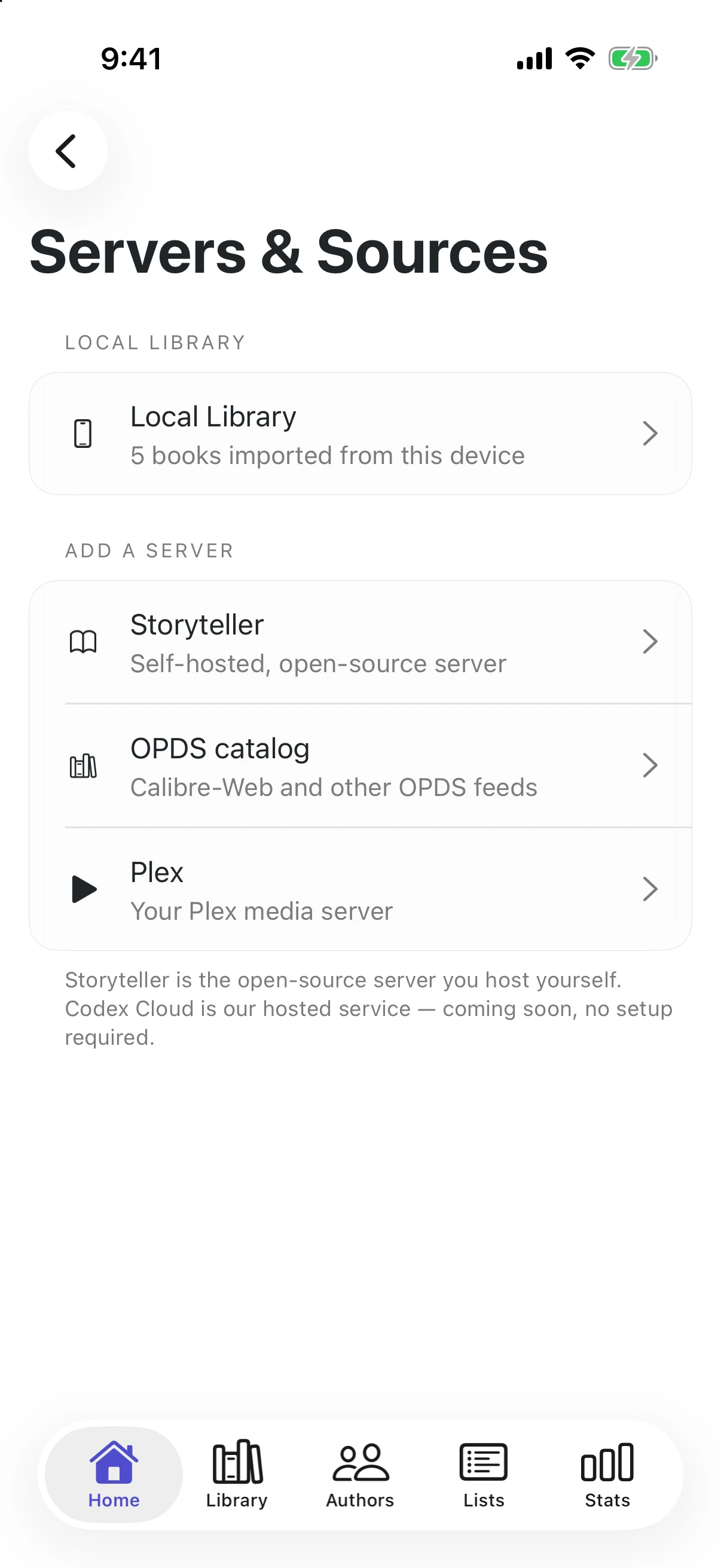 The sources screen showing Storyteller, Plex, and OPDS servers plus device import